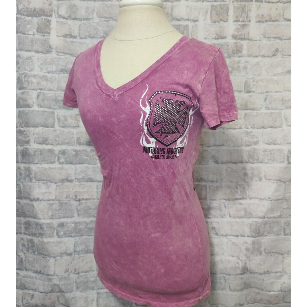 Harley Davidson Type Motorcycle Tee Pink Vintage Made in USA Studded Vneck Small